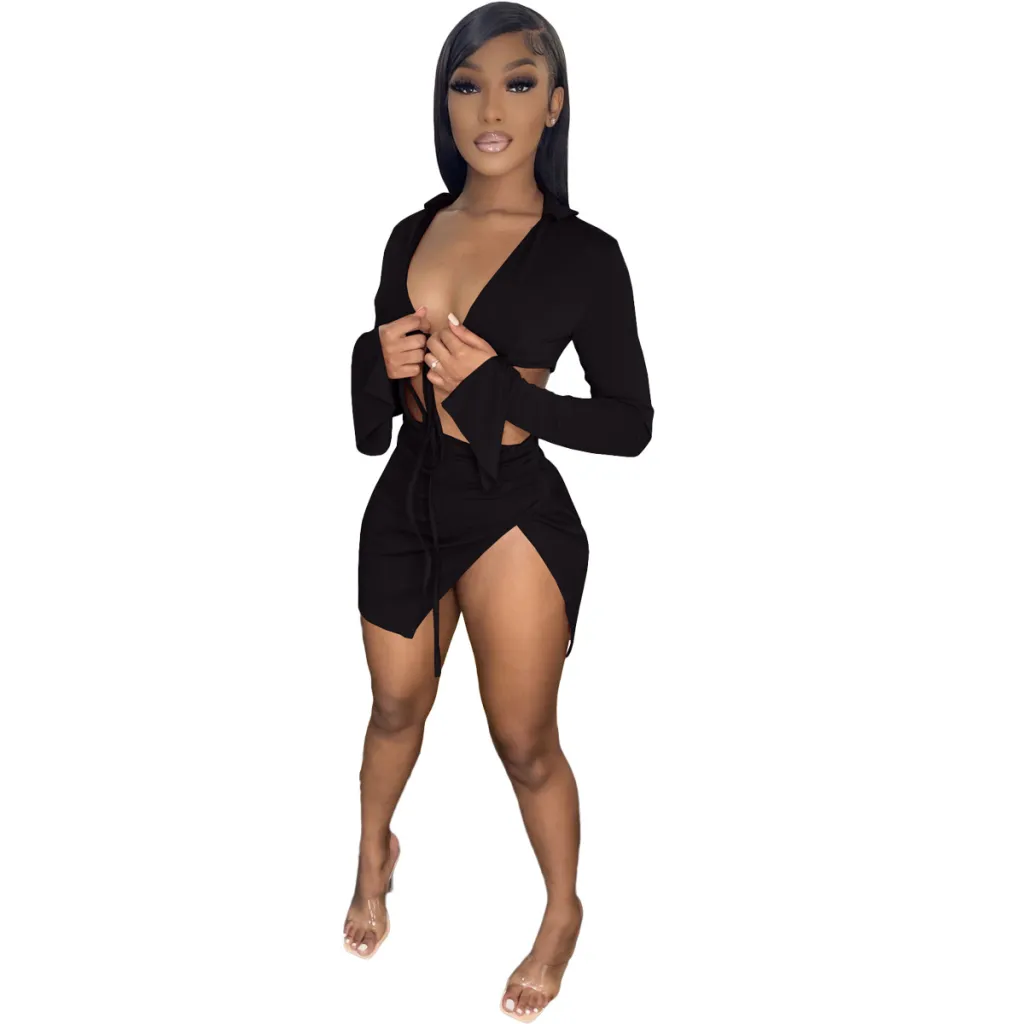 Women's Spring And Summer Lace-up Long-sleeved Swimsuit Suit - Black