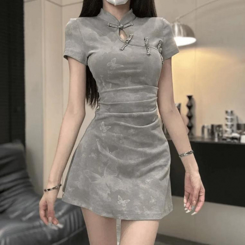 National Style Improved Cheongsam Frog Button Stand Collar Dress