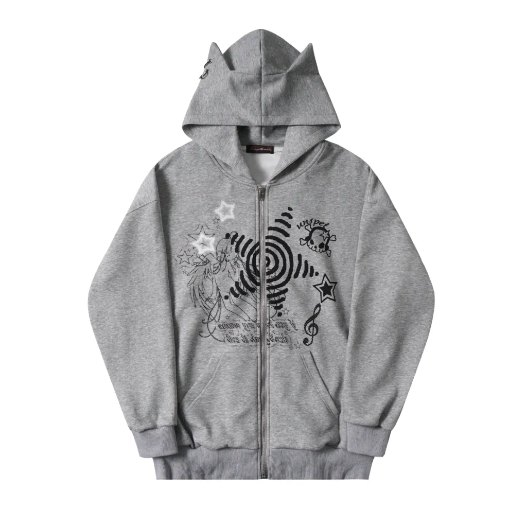 Sweet Cool Graffiti Printing Cat Ears Hooded Sweater - Gray