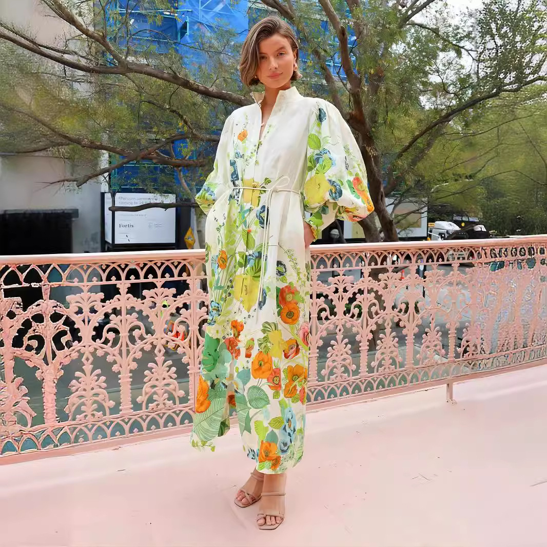 Single-breasted Long Lantern Sleeve Graffiti Printing Lace-up Waist Dress