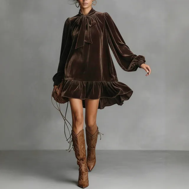 Loose fitting Long sleeved Solid color Velvet Dress Brown - Shop at LoveMi