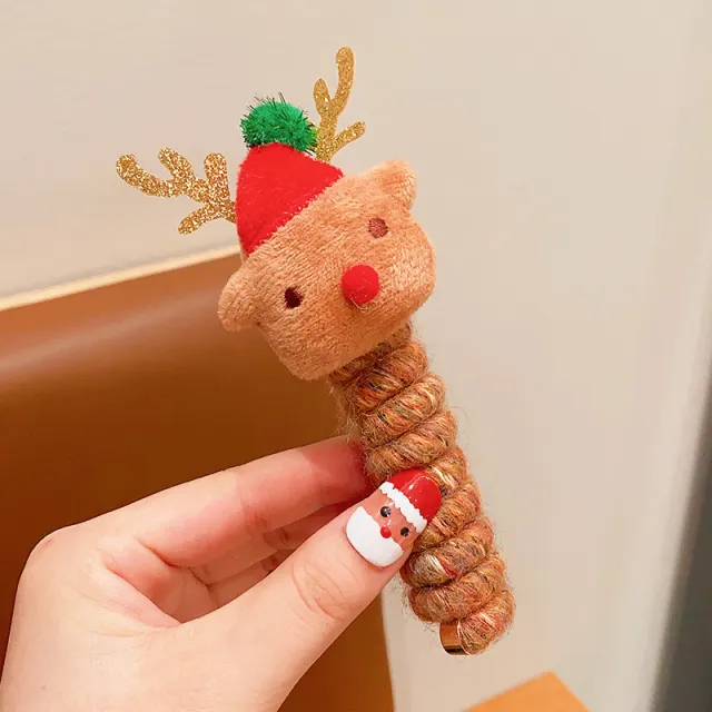 Cute Girls Elastic Rubber Band Christmas Children Telephone Wire Hair Spiral Coil Festive Dress Up Kid Hair Accessories Headwear Khaki Little Dear - Shop at LoveMi