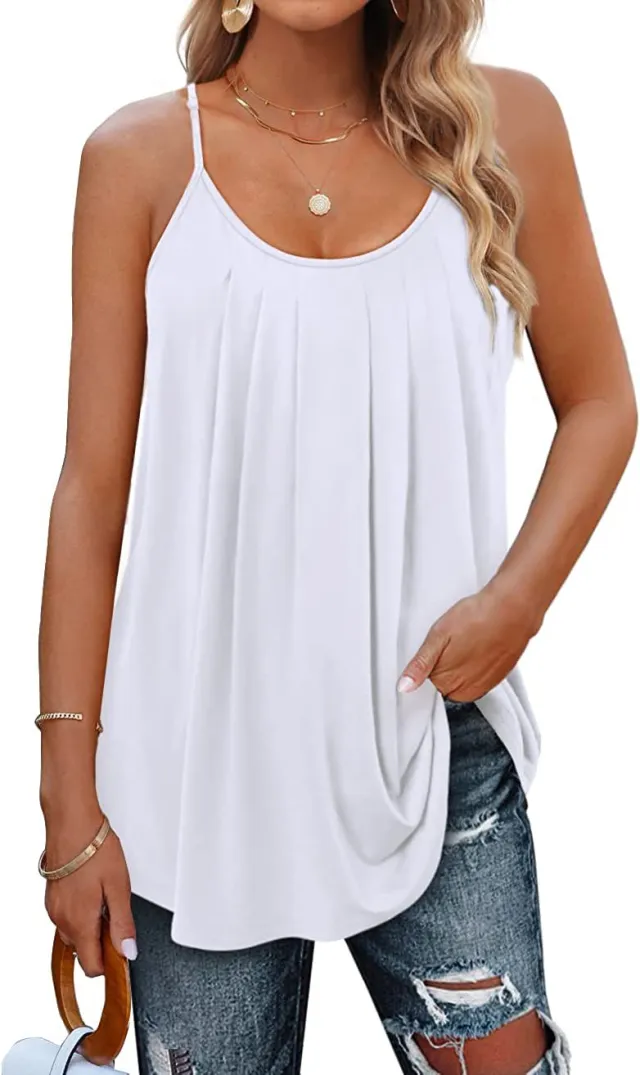 Women's Summer Vest Pleated Spaghetti Strap Tank Top Tan - Shop at LoveMi