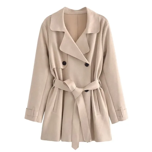 European And American Loose Lace up Mid length Suede Textured Trench Coat Khaki - Shop at LoveMi