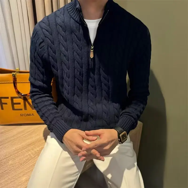 Men's Stand-up Collar Twisted-knit Half-zip Sweater