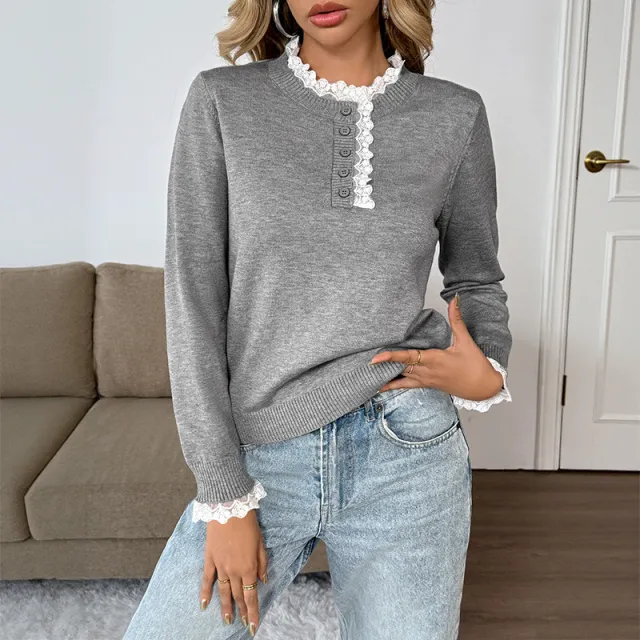 Lace Stitching Cardigan With Buttons Gray Sweater For Women Gray - Shop at LoveMi