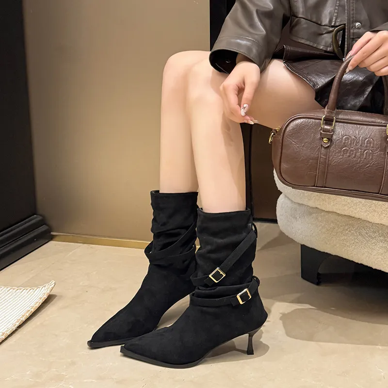 Fashionable And Versatile Pointed Toe Stiletto Heel Suede French Slim Ankle Boots - Black