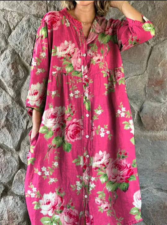 Women's Casual Long-sleeved Printed Shirt Dress - 11Style-L