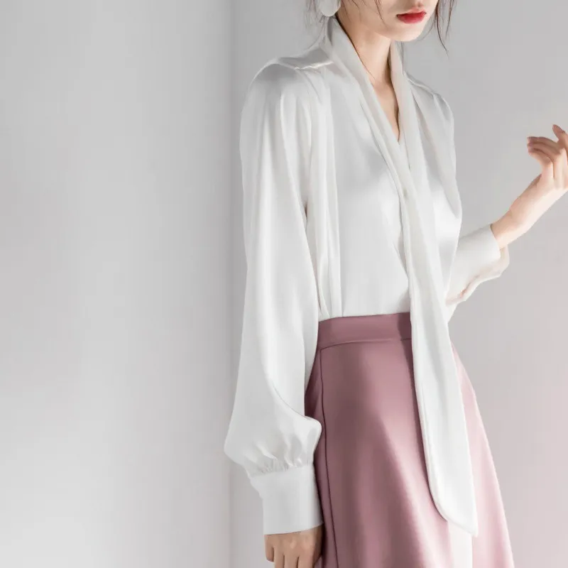 Satin Tie-neck Long Sleeve Shirt Simple All-match Tops - White