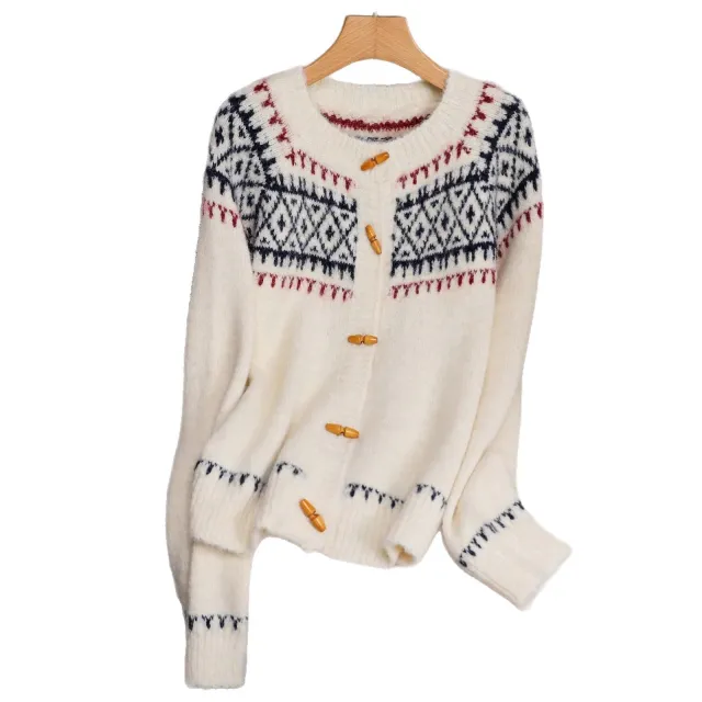Women's Retro Fairisland Horn Button Christmas Sweater Cardigan Beige White - Shop at LoveMi