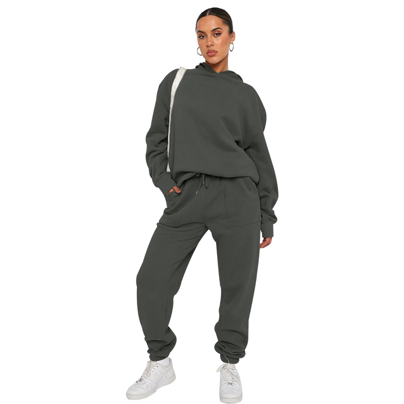 Hooded Long Sleeve Sweater Women's Clothing Fashion Casual Trousers Suit Dark Gray - Shop at LoveMi
