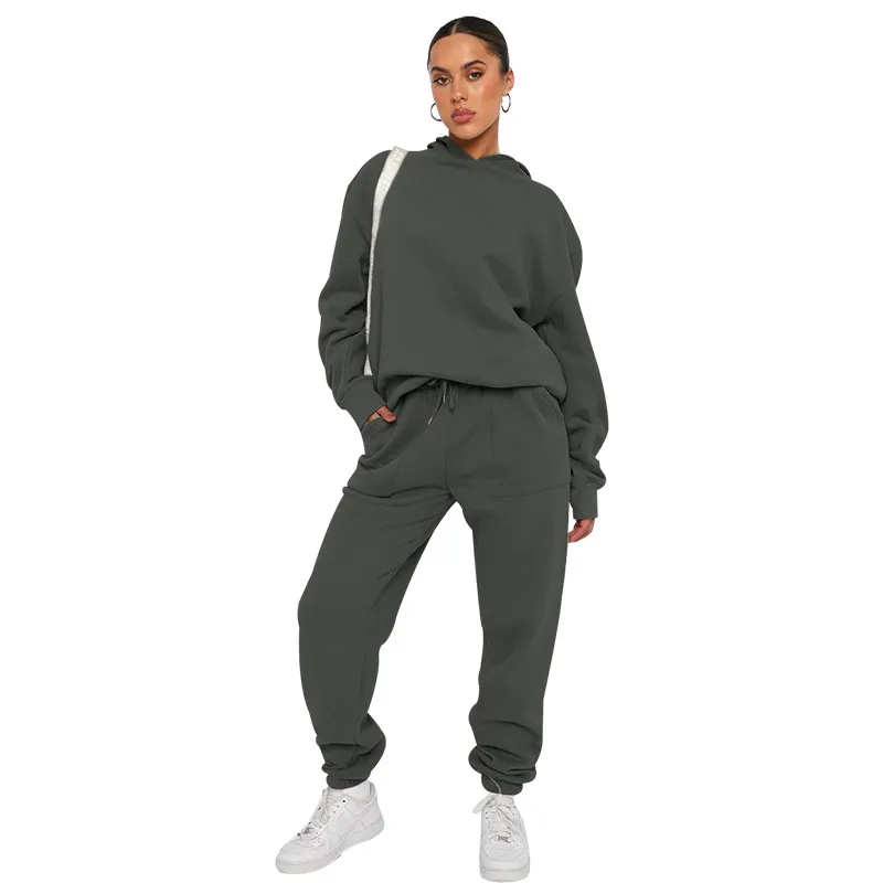 Hooded Long Sleeve Sweater Women's Clothing Fashion Casual Trousers Suit - Dark Gray