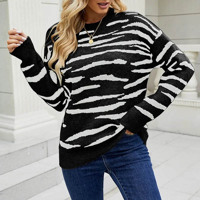 Autumn And Winter New Striped Sweater Pullover Tiger Pattern Color Matching Sweater For Women - Black