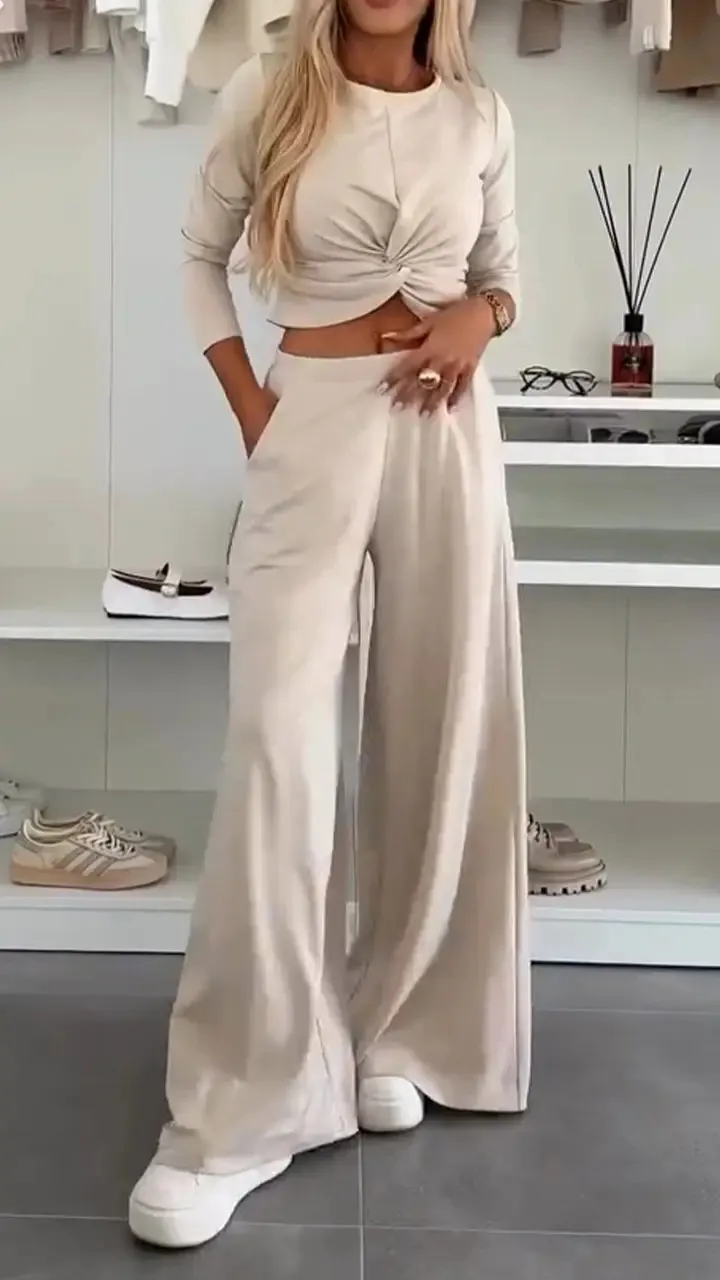 Solid Colour O-neck Short Top T-shirt Wide Leg Pants Casual Suit - Apricot