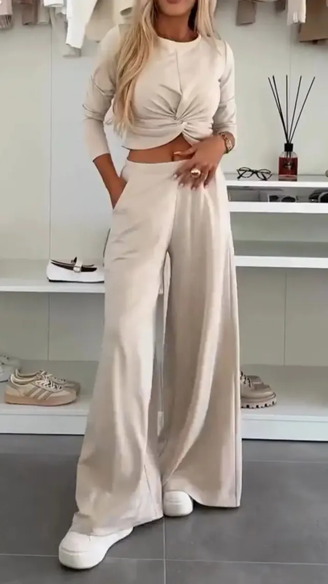 Solid Color O neck Short Top T shirt Wide Leg Pants Casual Suit Apricot - Shop at LoveMi