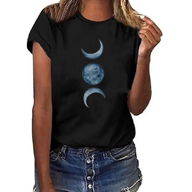 European And American Moon Print Crew Neck Casual T shirt Black - Shop at LoveMi