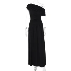Fashion Sexy Diagonal Collar Pleated Irregular Solid Colour Dress - Black - View 1