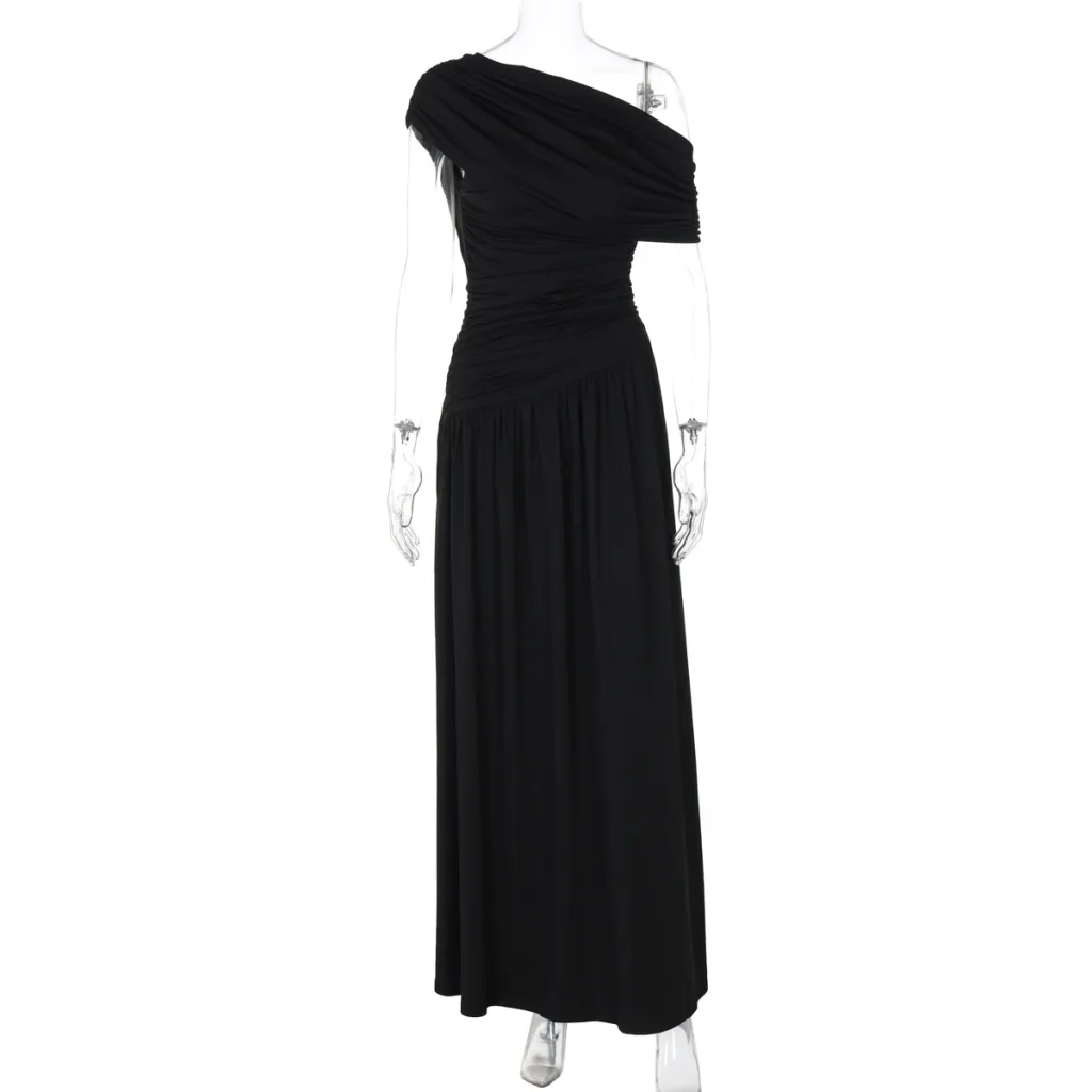 Fashion Sexy Diagonal Collar Pleated Irregular Solid Colour Dress - Black