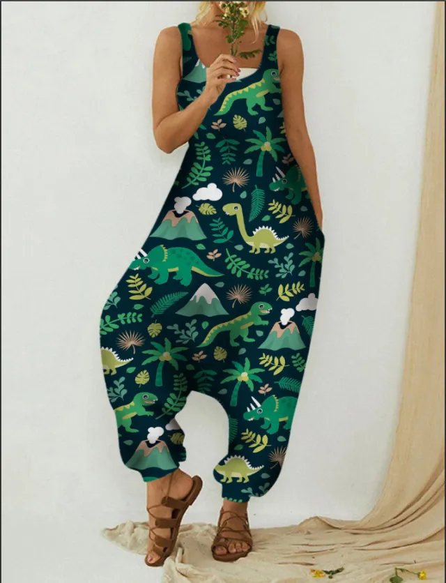 Cute Animal Print Loose Plus Size Casual Beach Overalls Xl F Dinosaur - Shop at LoveMi