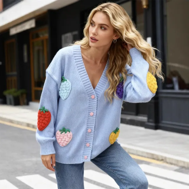 Women's Strawberry Jacquard Cardigan Sweater Blue - Shop at LoveMi