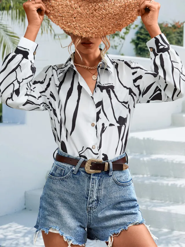 Retro Long Sleeve Lapel Print Shirt For Women Black - Shop at LoveMi