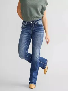 Women's Embroidery Denim Bootcut Trousers Fashion - Blue - View 1
