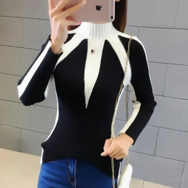Women's Color Matching Long sleeved Pullover Sweater Black - Shop at LoveMi