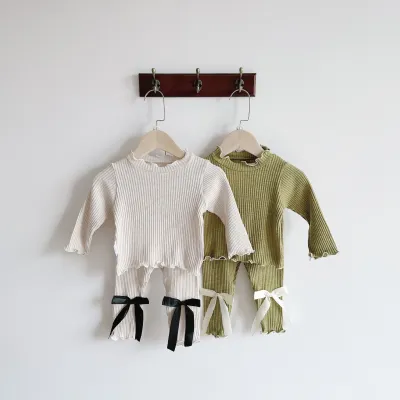 Sunken Stripe Baby Suit Men's And Women's Secret Copy Half Collar Top Bow Pants