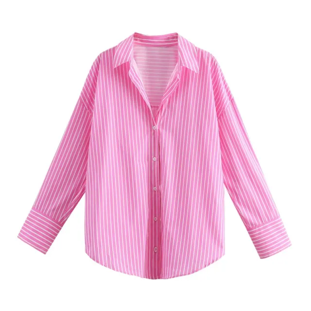 Autumn Women Clothing Printed Silk Satin Texture Drape Shirt Pink - Shop at LoveMi