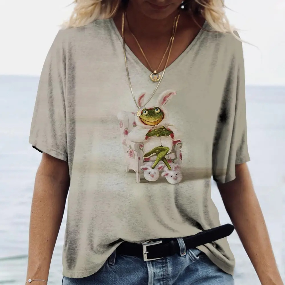 Ladies' V neck T shirt 3d Printing Animated Rabbit Short Sleeve Hx240623R12 L - Shop at LoveMi