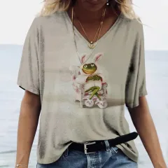 Ladies' V-neck T-shirt 3d Printing Animated Rabbit Short Sleeve - Hx240623R12-L - View 1