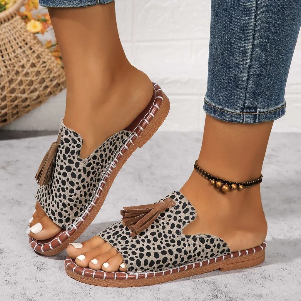 Women's Shoes Sandals Tassel Flat Plus Size - Leopard