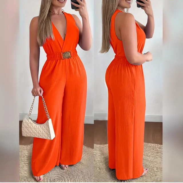 Slant Pockets Solid Color Sexy Loose Elastic Waist Wide Leg Pants Orange - Shop at LoveMi