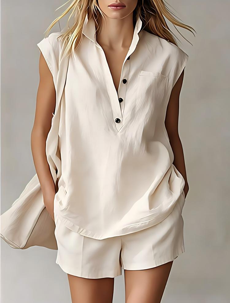 Women's Casual Sleeveless Cardigan Top and Shorts Set – Apricot colorway front view
