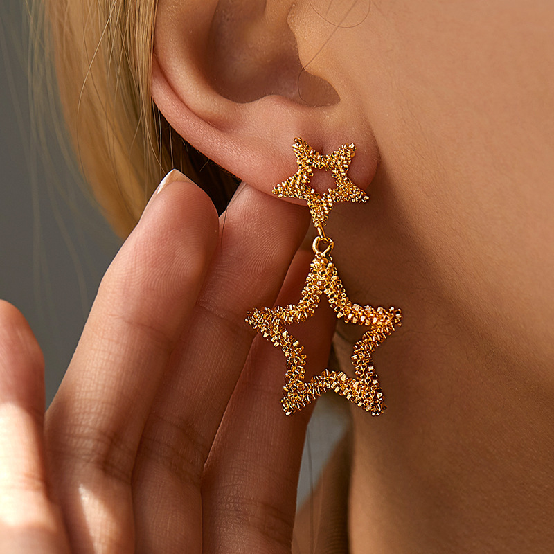 Color Retention Copper Plating 18K Real Gold Overlapping Design Double Layers Loving Heart Earrings