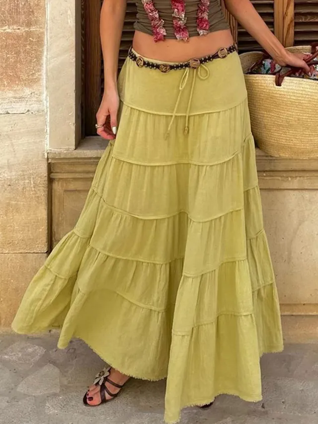 Women's Solid Color Casual Style A Line Tiered Skirt Green - Shop at LoveMi