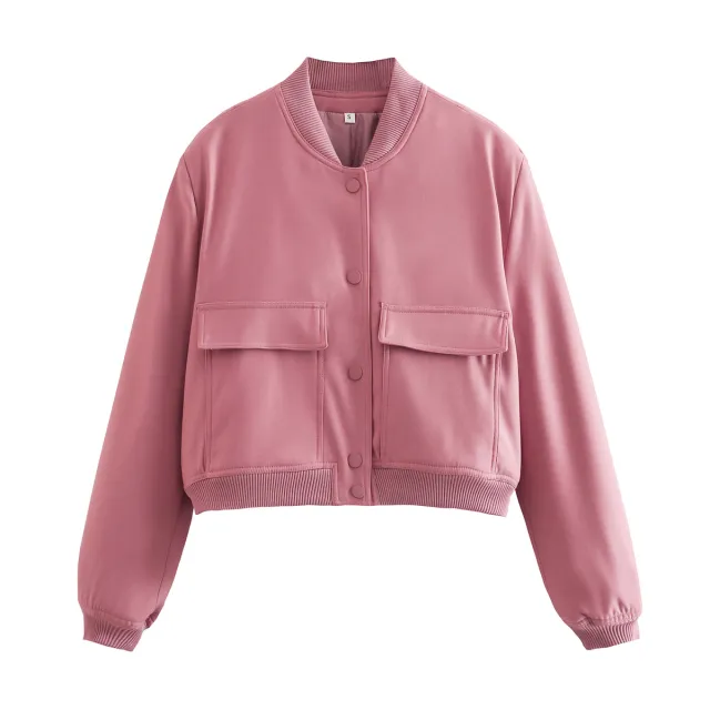 Autumn Y2g Stand Collar Double Pocket Biker Pilot Jacket Top Pink - Shop at LoveMi