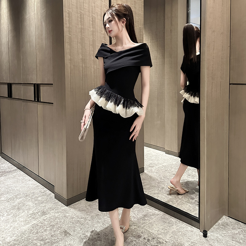 Off-shoulder Collar Design Ruffled Slimming Sheath Dress