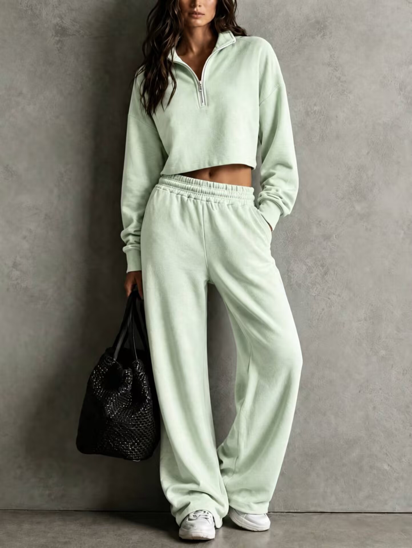 Womens Loose-fitting Half-zip Top And Wide-leg Pants Set 2