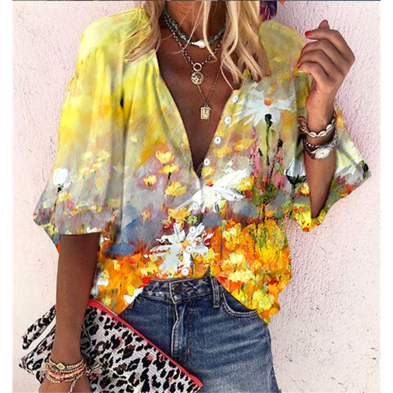 3D Floral-print Long-sleeve Top Fashionable V-neck Blouse For Women