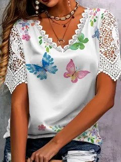 Women's Butterfly Print Short Sleeve T-Shirt - 4Style-Xl - View 1