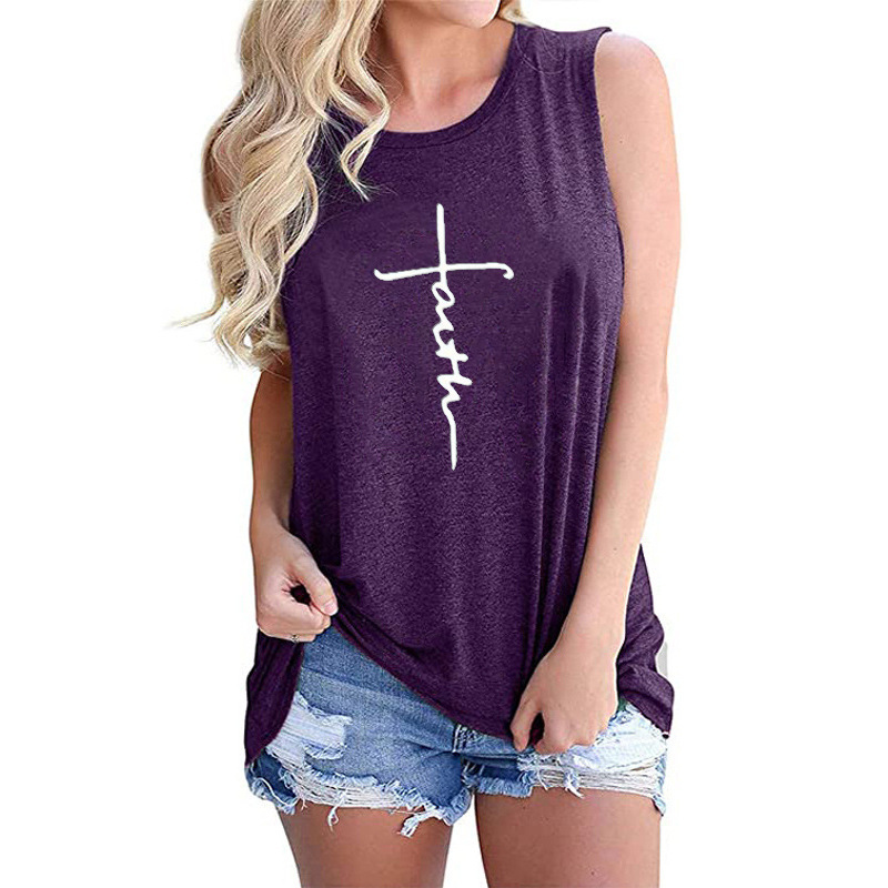 Women's Vest Letter Print Crew Neck Casual Sleeveless Vest Purple - Shop at LoveMi