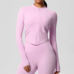 Women's Sports Tight Long Sleeve Yoga Wear Top - Cherry Blossom Powder-L - View 1