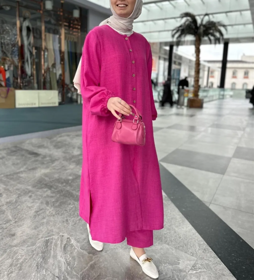 Muslim Plus Size Season Loose Temperament Commute Long Twinset - Rose Red