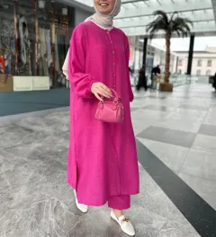 Muslim Plus Size Season Loose Temperament Commute Long Twinset - Rose Red - View 1