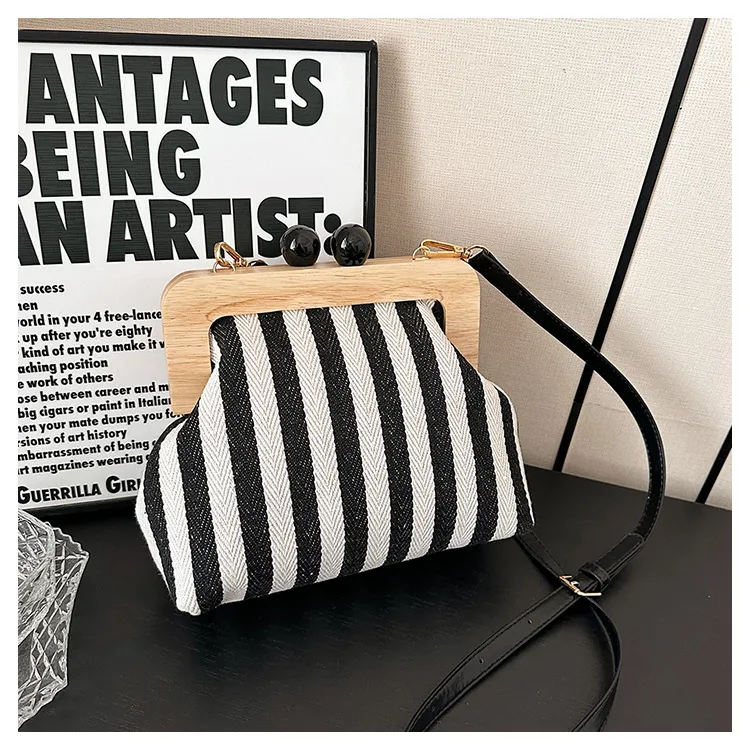 New Striped Canvas Wooden Clip-mouth Clutch - Black