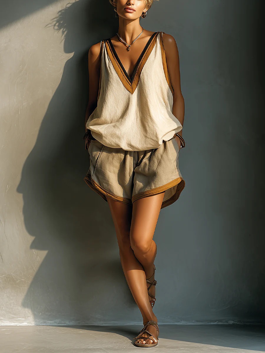 Women's color-block V-neck sleeveless top and shorts two-piece set – front view