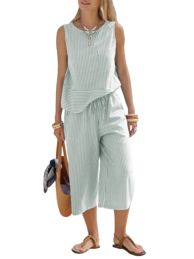 Womens Round neck Featuring A Striped Sleeveless Top And Cropped Pants Green - Shop at LoveMi