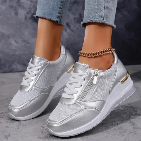 Women's Lace-up Casual Shoes FFashion Side Zipper Design Thick-soled