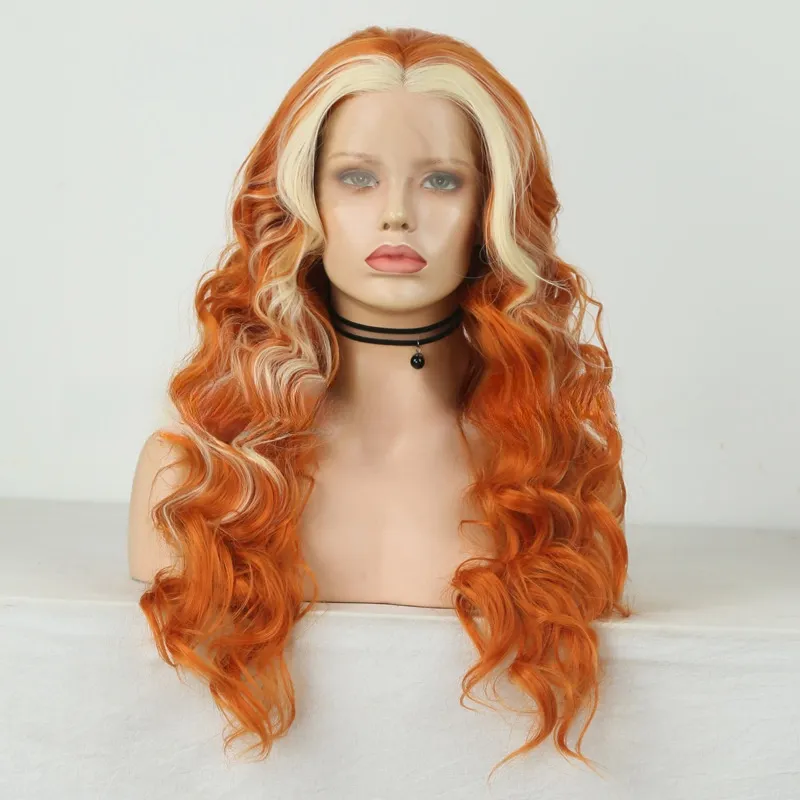Front Lace Matte Chemical Fiber Wig European And American Fashion Mixed Color Ear Hanging Women's Mid-length Curly Hair - Orange